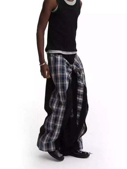 Layered Plaid Strap Spliced Loose Straight Sweat Pants [ID:0543PA]