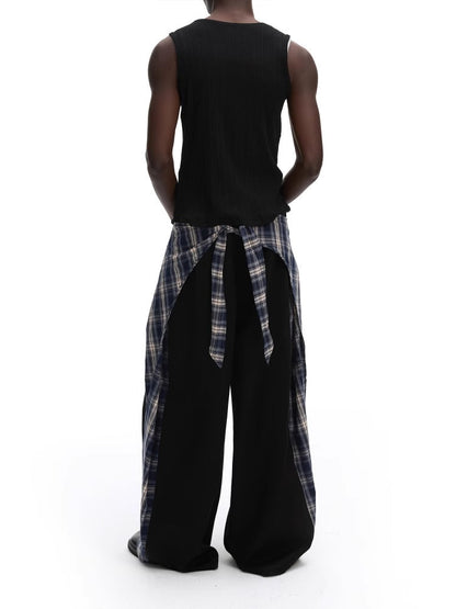 Layered Plaid Strap Spliced Loose Straight Sweat Pants [ID:0543PA]