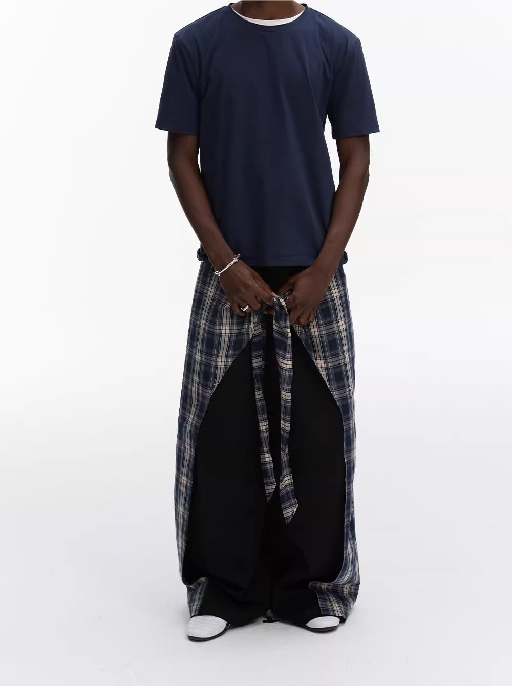 Layered Plaid Strap Spliced Loose Straight Sweat Pants [ID:0543PA]