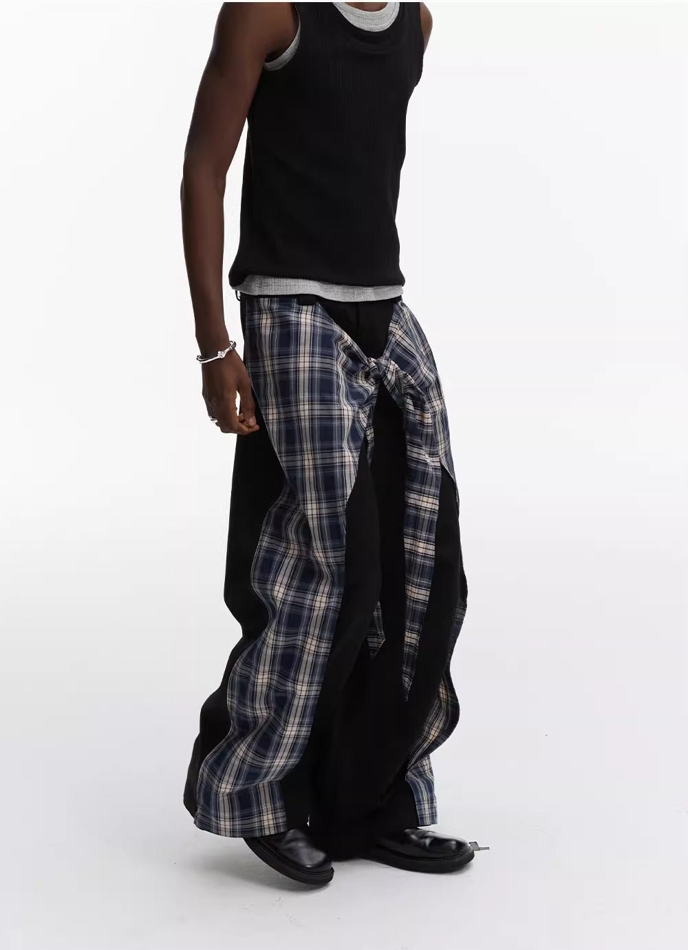 Layered Plaid Strap Spliced Loose Straight Sweat Pants [ID:0543PA]