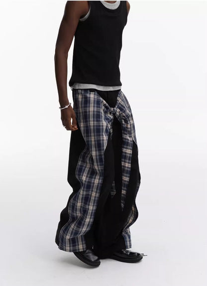 Layered Plaid Strap Spliced Loose Straight Sweat Pants [ID:0543PA]