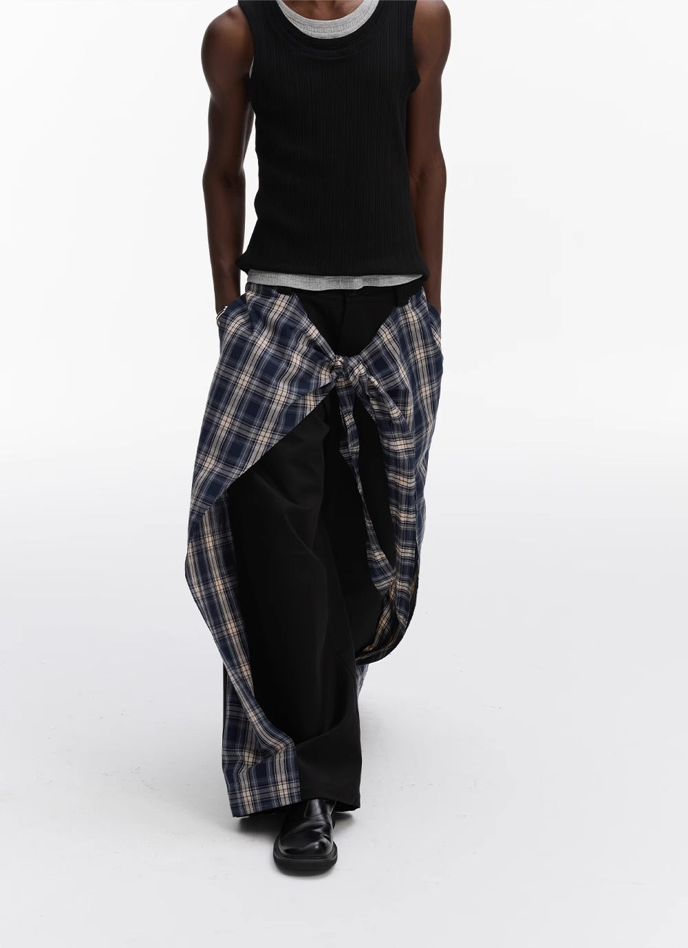 Layered Plaid Strap Spliced Loose Straight Sweat Pants [ID:0543PA]