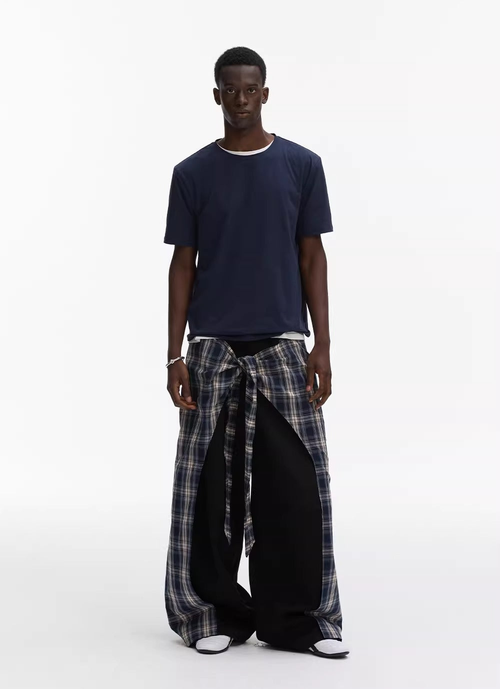 Layered Plaid Strap Spliced Loose Straight Sweat Pants [ID:0543PA]
