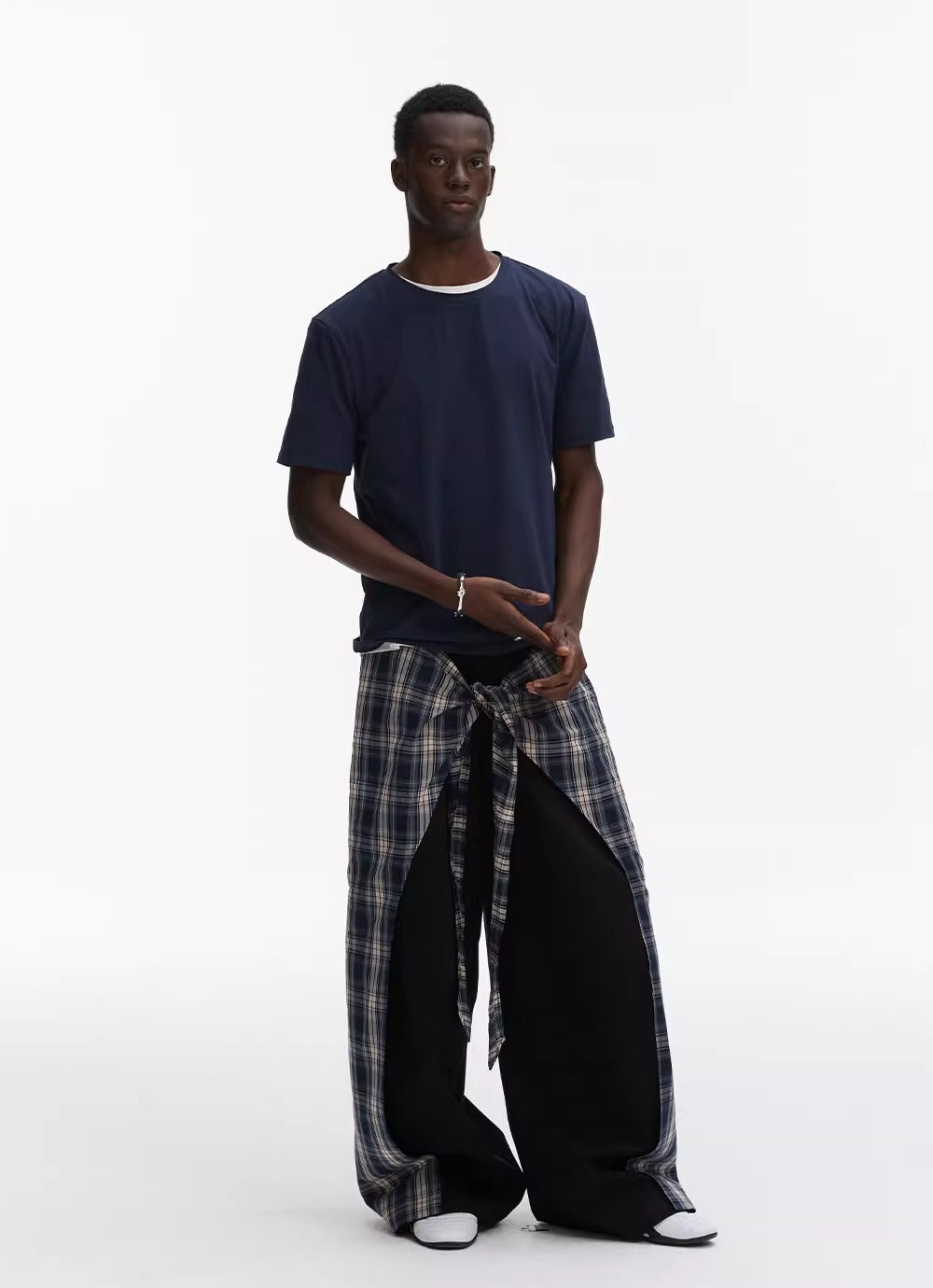 Layered Plaid Strap Spliced Loose Straight Sweat Pants [ID:0543PA]