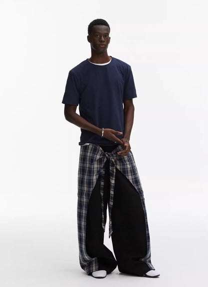 Layered Plaid Strap Spliced Loose Straight Sweat Pants [ID:0543PA]