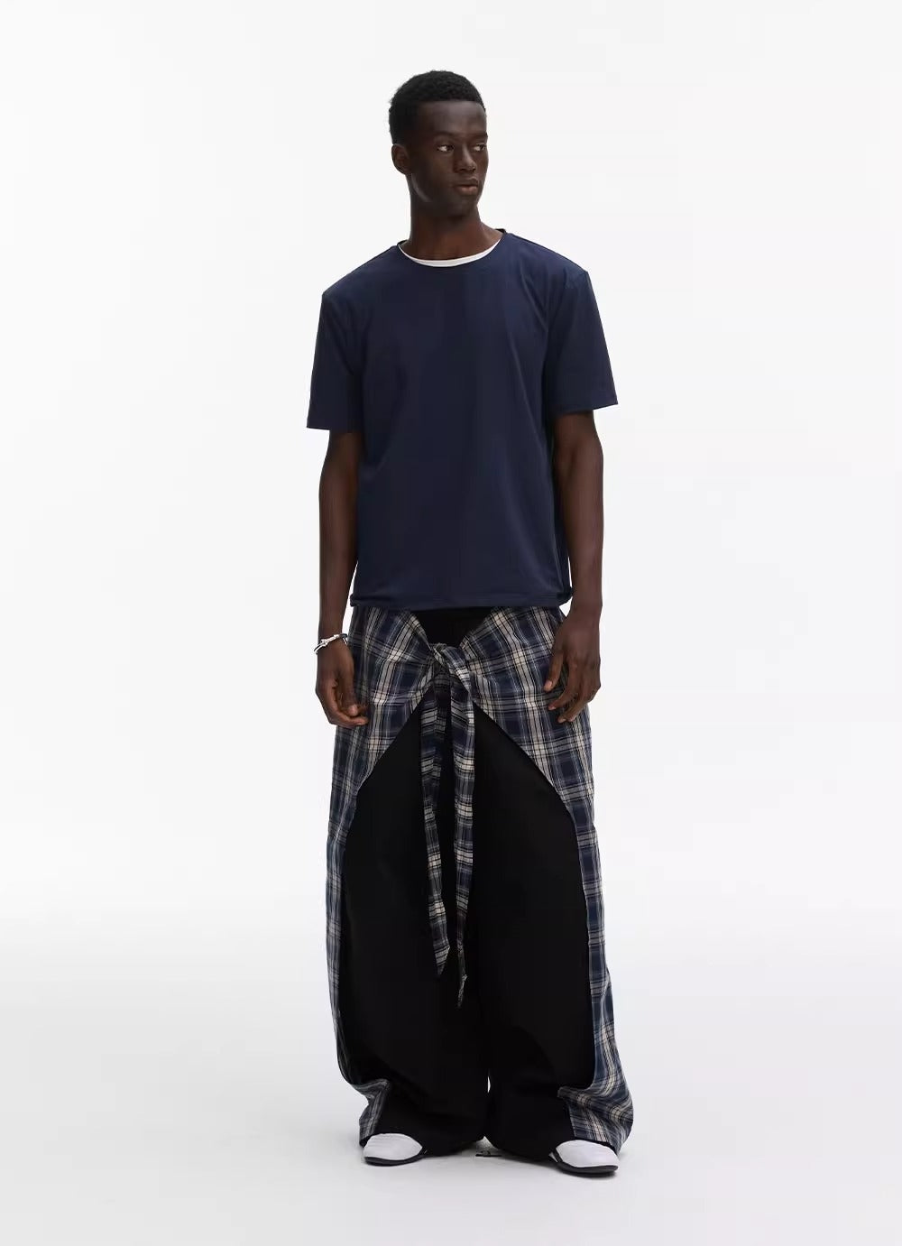Layered Plaid Strap Spliced Loose Straight Sweat Pants [ID:0543PA]