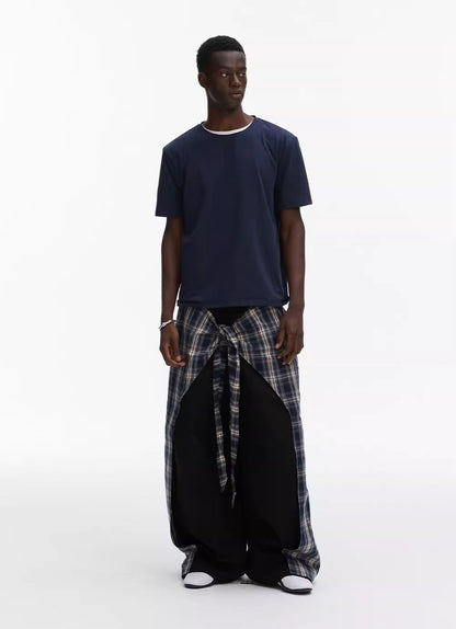 Layered Plaid Strap Spliced Loose Straight Sweat Pants [ID:0543PA]