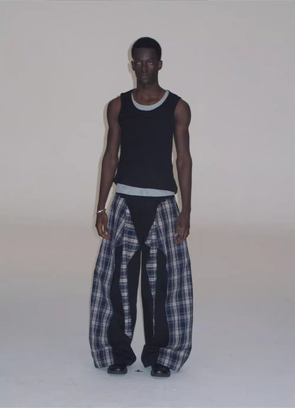 Layered Plaid Strap Spliced Loose Straight Sweat Pants [ID:0543PA]