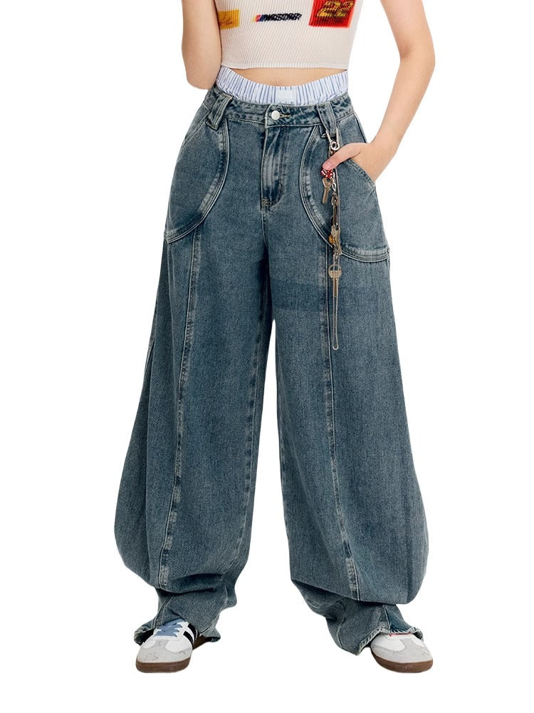 Vintage Casual Blue Banana Cut Wide Leg Denim Pants [ID:0544PA]