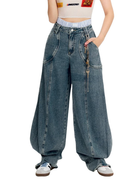 Vintage Casual Blue Banana Cut Wide Leg Denim Pants [ID:0544PA]