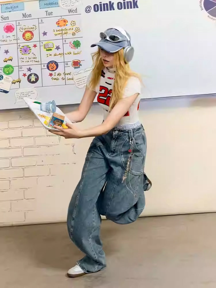 Vintage Casual Blue Banana Cut Wide Leg Denim Pants [ID:0544PA]