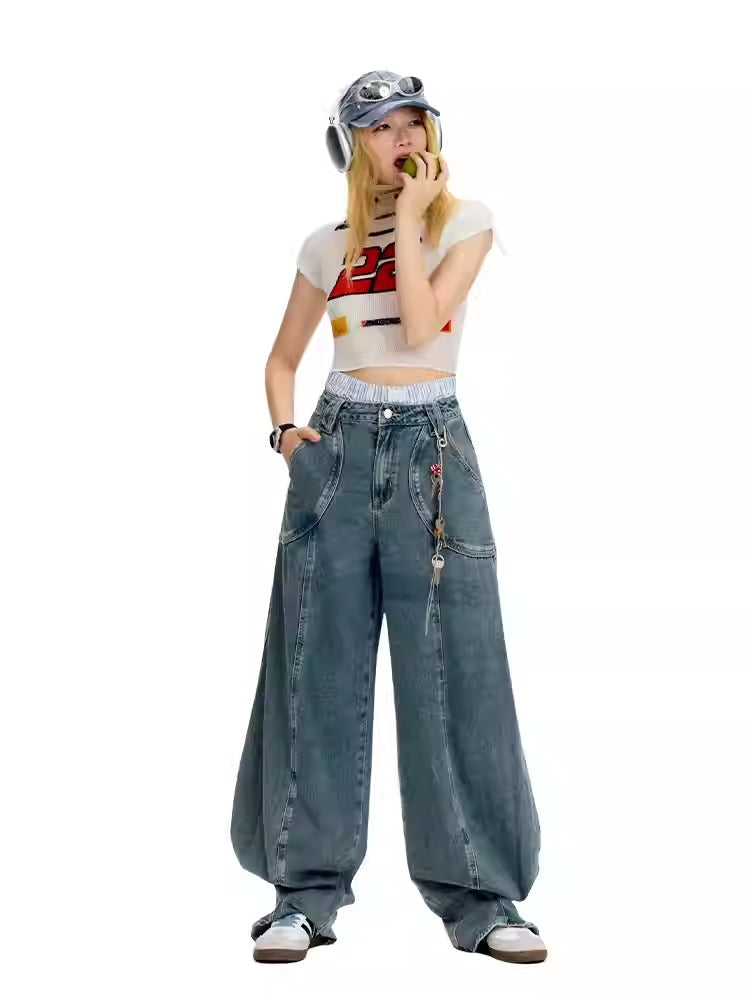 Vintage Casual Blue Banana Cut Wide Leg Denim Pants [ID:0544PA]
