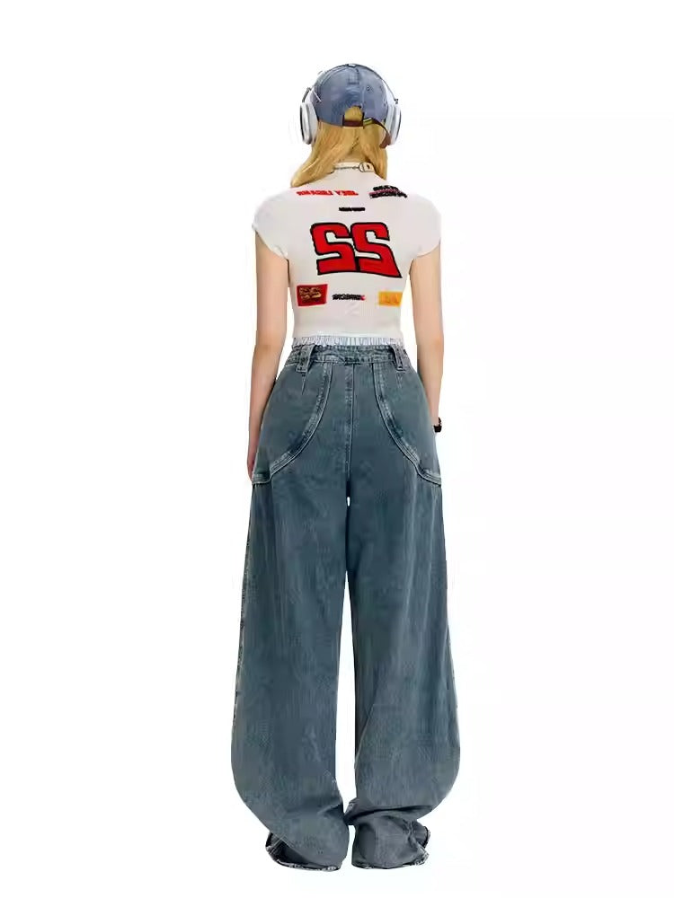 Vintage Casual Blue Banana Cut Wide Leg Denim Pants [ID:0544PA]