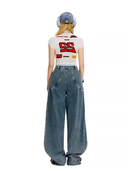 Vintage Casual Blue Banana Cut Wide Leg Denim Pants [ID:0544PA]