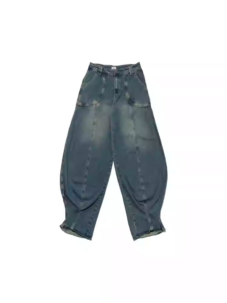 Vintage Casual Blue Banana Cut Wide Leg Denim Pants [ID:0544PA]