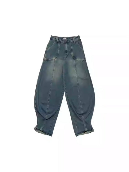 Vintage Casual Blue Banana Cut Wide Leg Denim Pants [ID:0544PA]