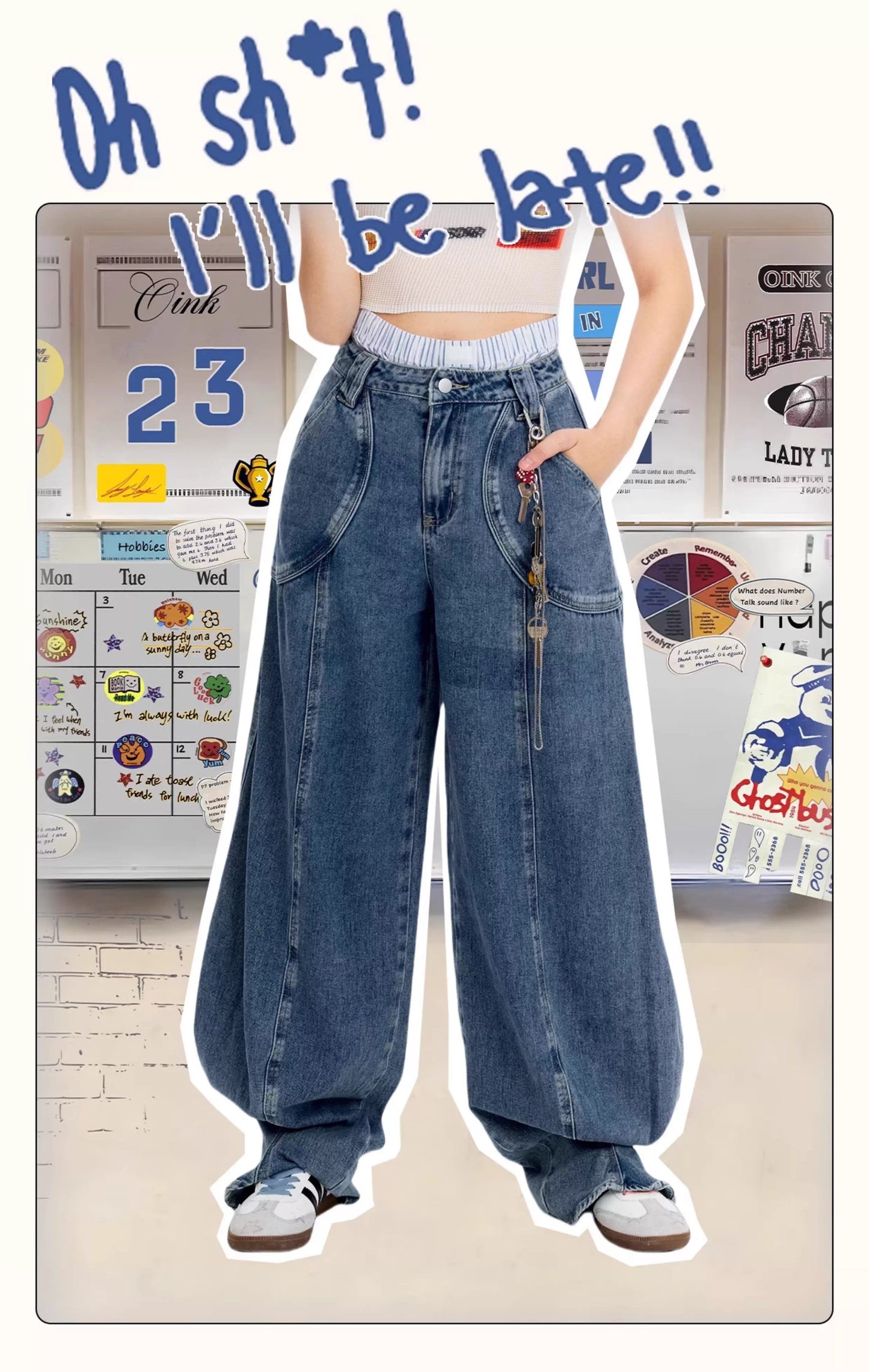 Vintage Casual Blue Banana Cut Wide Leg Denim Pants [ID:0544PA]