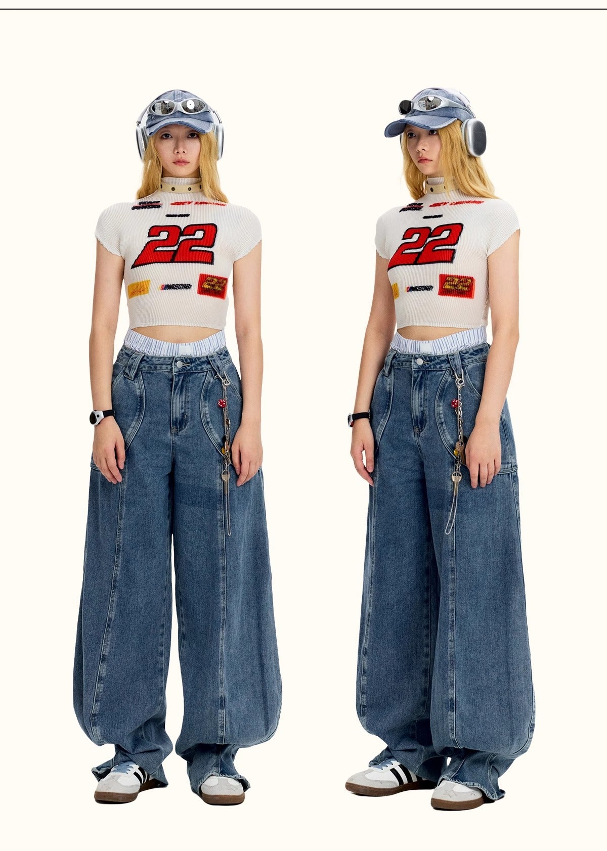 Vintage Casual Blue Banana Cut Wide Leg Denim Pants [ID:0544PA]