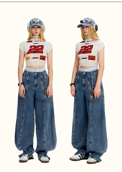 Vintage Casual Blue Banana Cut Wide Leg Denim Pants [ID:0544PA]