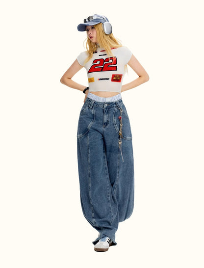 Vintage Casual Blue Banana Cut Wide Leg Denim Pants [ID:0544PA]