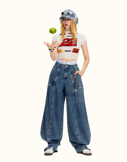 Vintage Casual Blue Banana Cut Wide Leg Denim Pants [ID:0544PA]