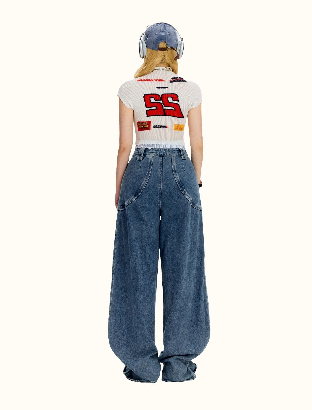 Vintage Casual Blue Banana Cut Wide Leg Denim Pants [ID:0544PA]