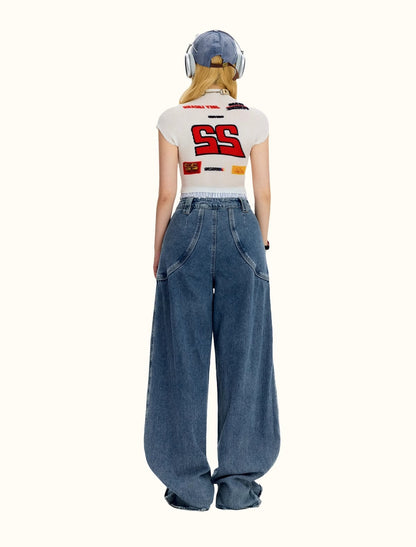 Vintage Casual Blue Banana Cut Wide Leg Denim Pants [ID:0544PA]