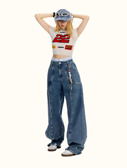 Vintage Casual Blue Banana Cut Wide Leg Denim Pants [ID:0544PA]