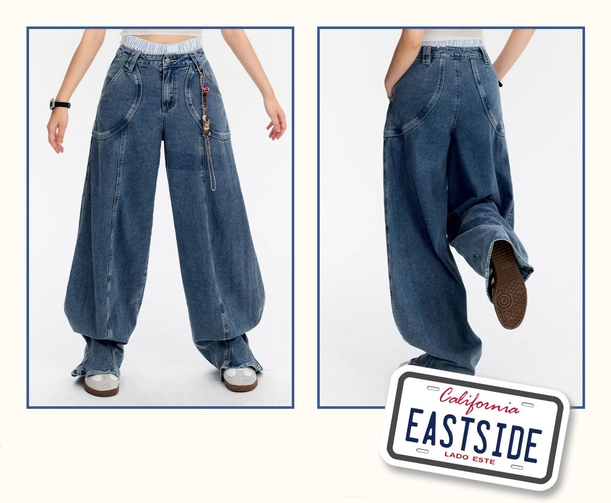 Vintage Casual Blue Banana Cut Wide Leg Denim Pants [ID:0544PA]
