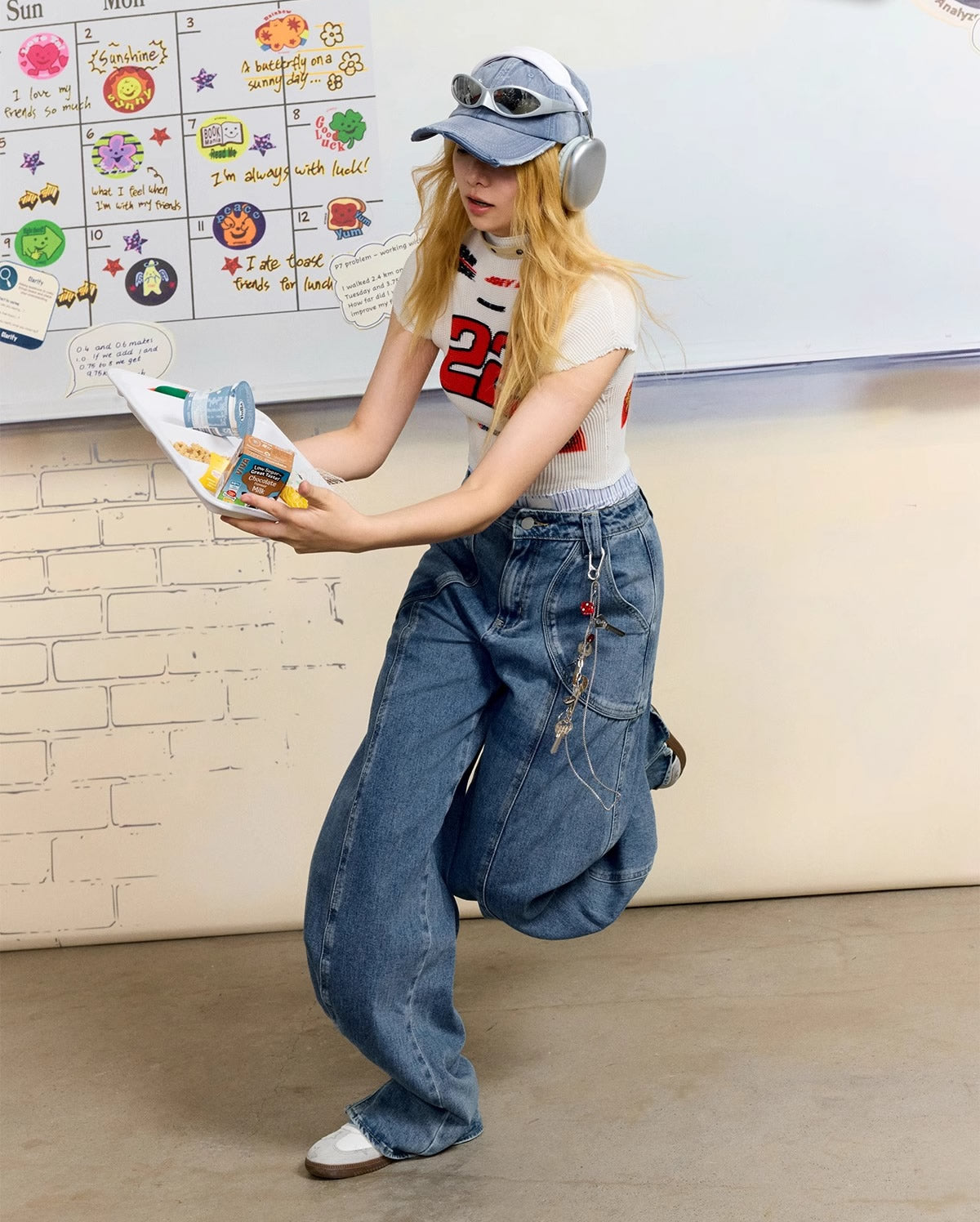 Vintage Casual Blue Banana Cut Wide Leg Denim Pants [ID:0544PA]