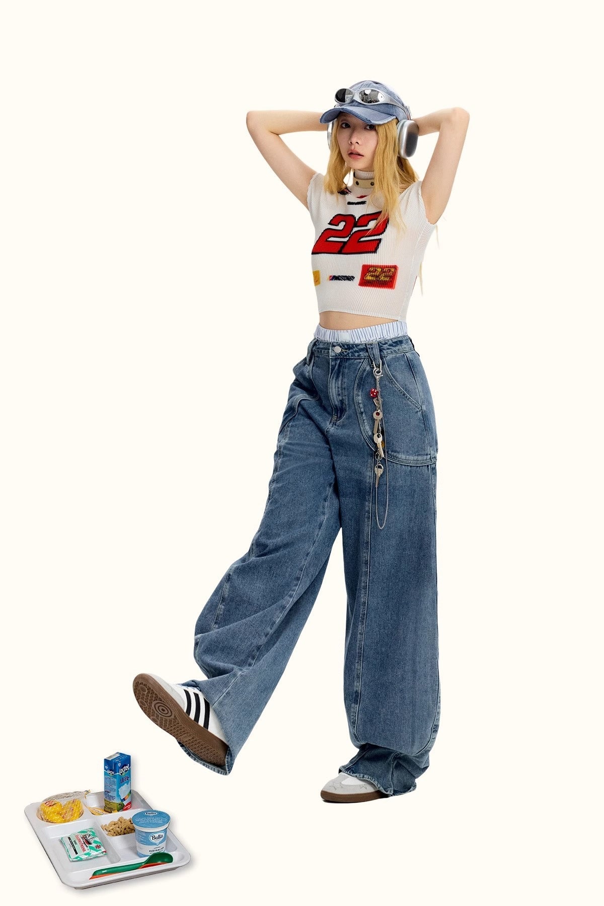 Vintage Casual Blue Banana Cut Wide Leg Denim Pants [ID:0544PA]