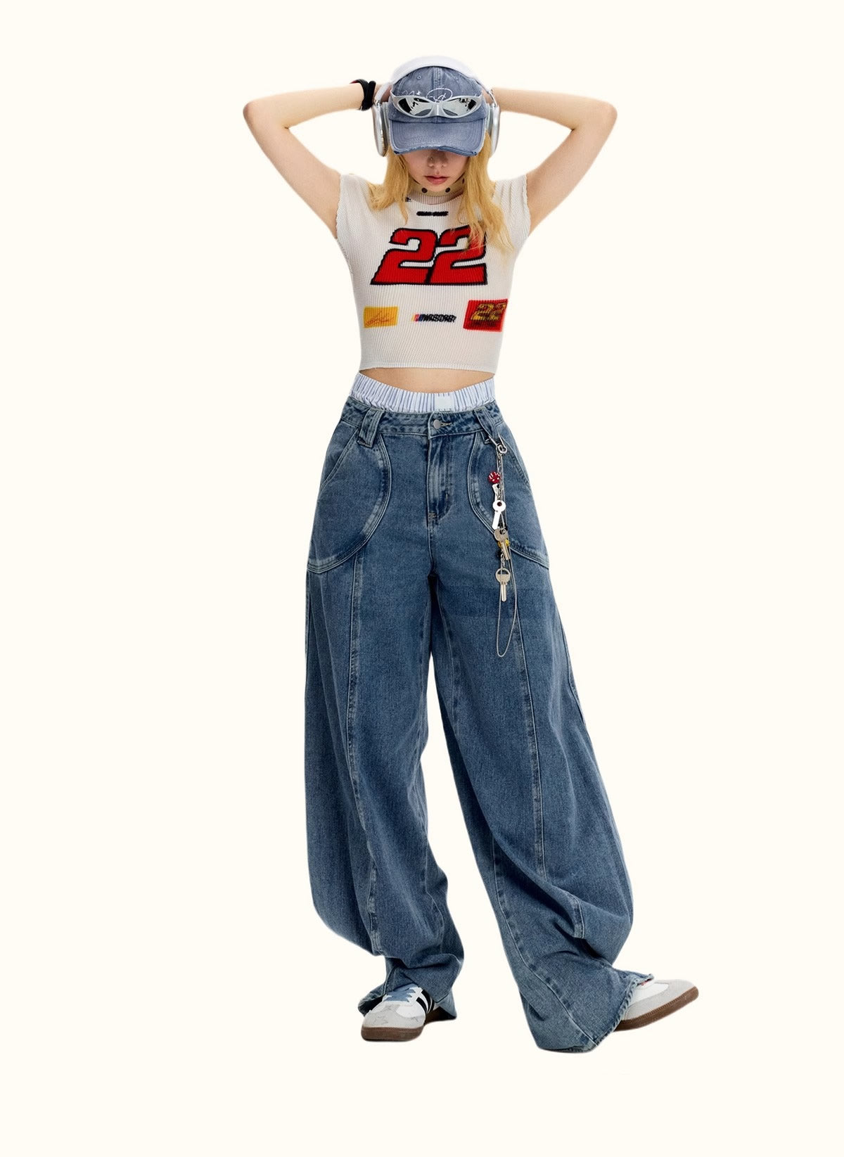 Vintage Casual Blue Banana Cut Wide Leg Denim Pants [ID:0544PA]