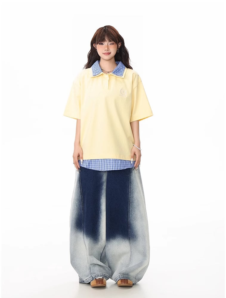 Washed Gradient Curved Blade Wide-Leg Denim Pants [ID:0547PA]