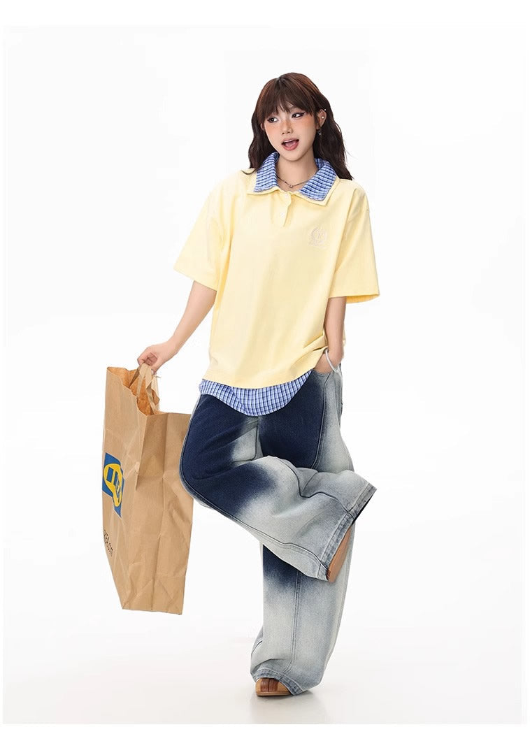 Washed Gradient Curved Blade Wide-Leg Denim Pants [ID:0547PA]