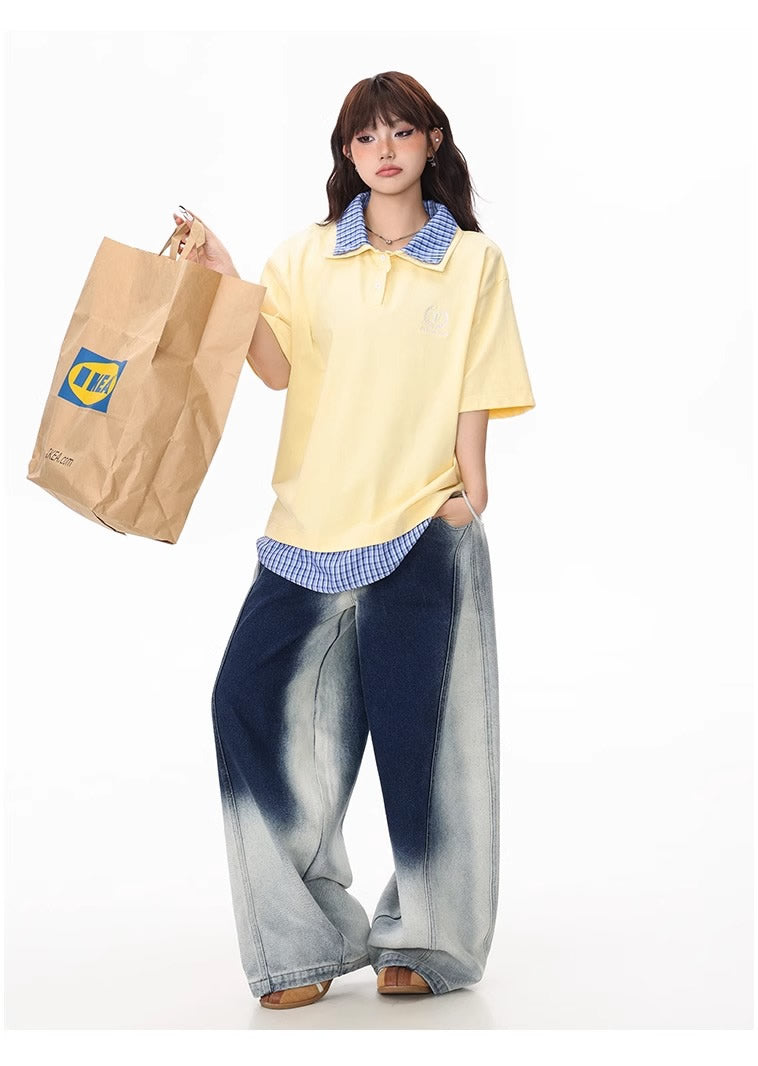 Washed Gradient Curved Blade Wide-Leg Denim Pants [ID:0547PA]
