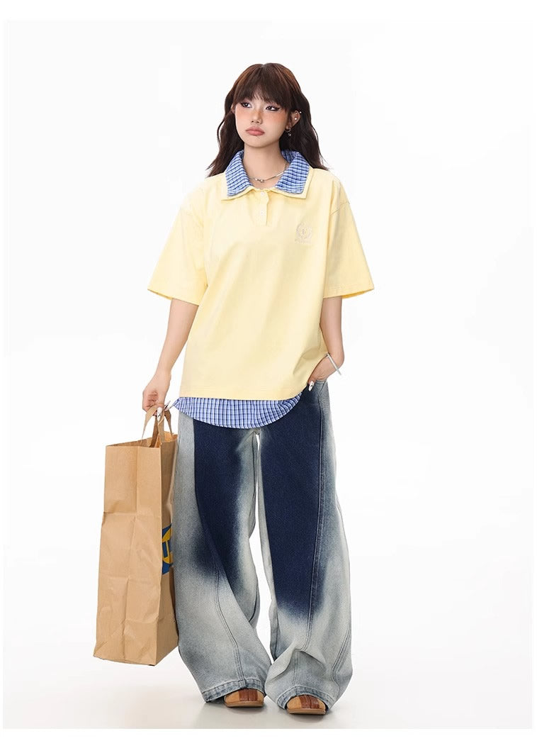 Washed Gradient Curved Blade Wide-Leg Denim Pants [ID:0547PA]