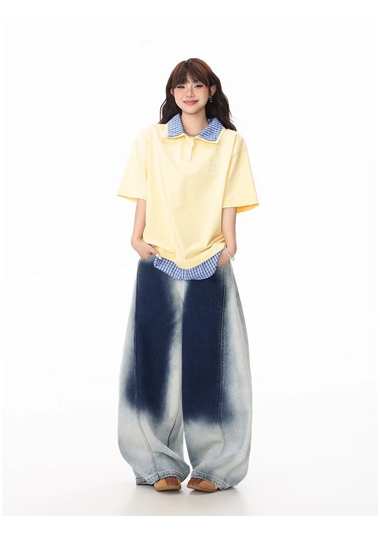 Washed Gradient Curved Blade Wide-Leg Denim Pants [ID:0547PA]