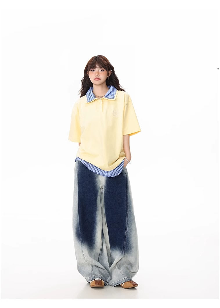 Washed Gradient Curved Blade Wide-Leg Denim Pants [ID:0547PA]