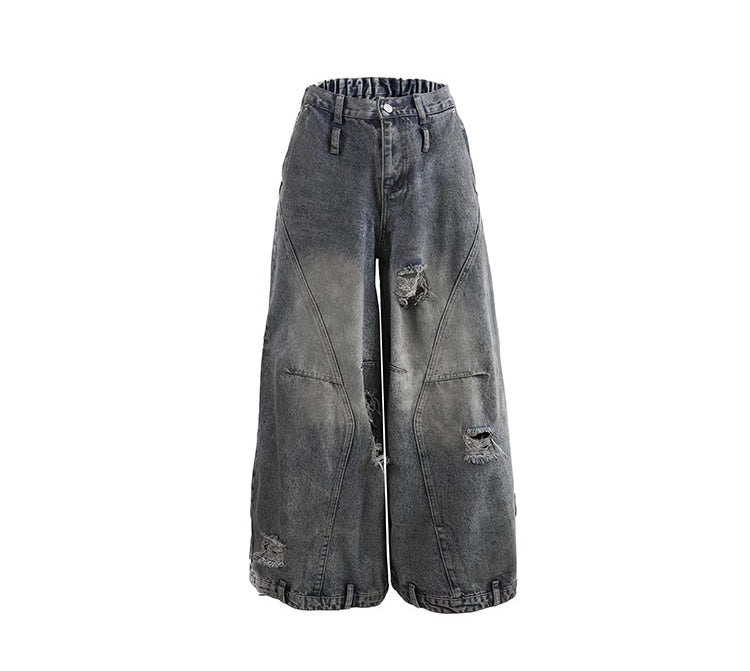 Distressed Washed Deconstructed Blade-Cut Denim Pants [ID:0549PA]