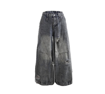 Distressed Washed Deconstructed Blade-Cut Denim Pants [ID:0549PA]