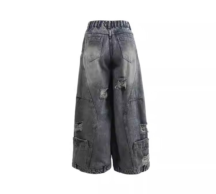 Distressed Washed Deconstructed Blade-Cut Denim Pants [ID:0549PA]