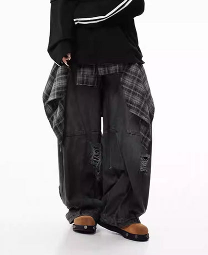 Distressed Washed Deconstructed Blade-Cut Denim Pants [ID:0549PA]
