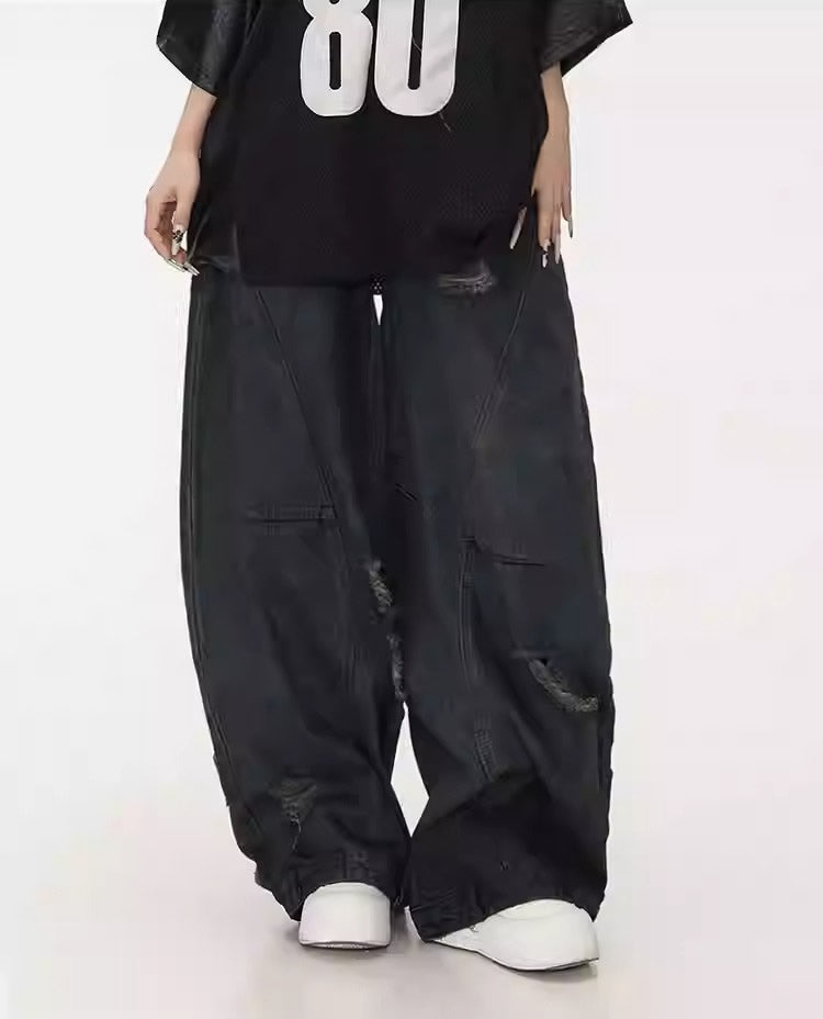 Distressed Washed Deconstructed Blade-Cut Denim Pants [ID:0549PA]