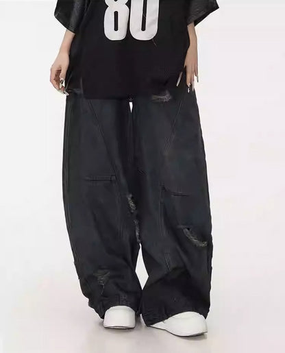 Distressed Washed Deconstructed Blade-Cut Denim Pants [ID:0549PA]