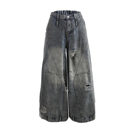 Distressed Washed Deconstructed Blade-Cut Denim Pants [ID:0549PA]