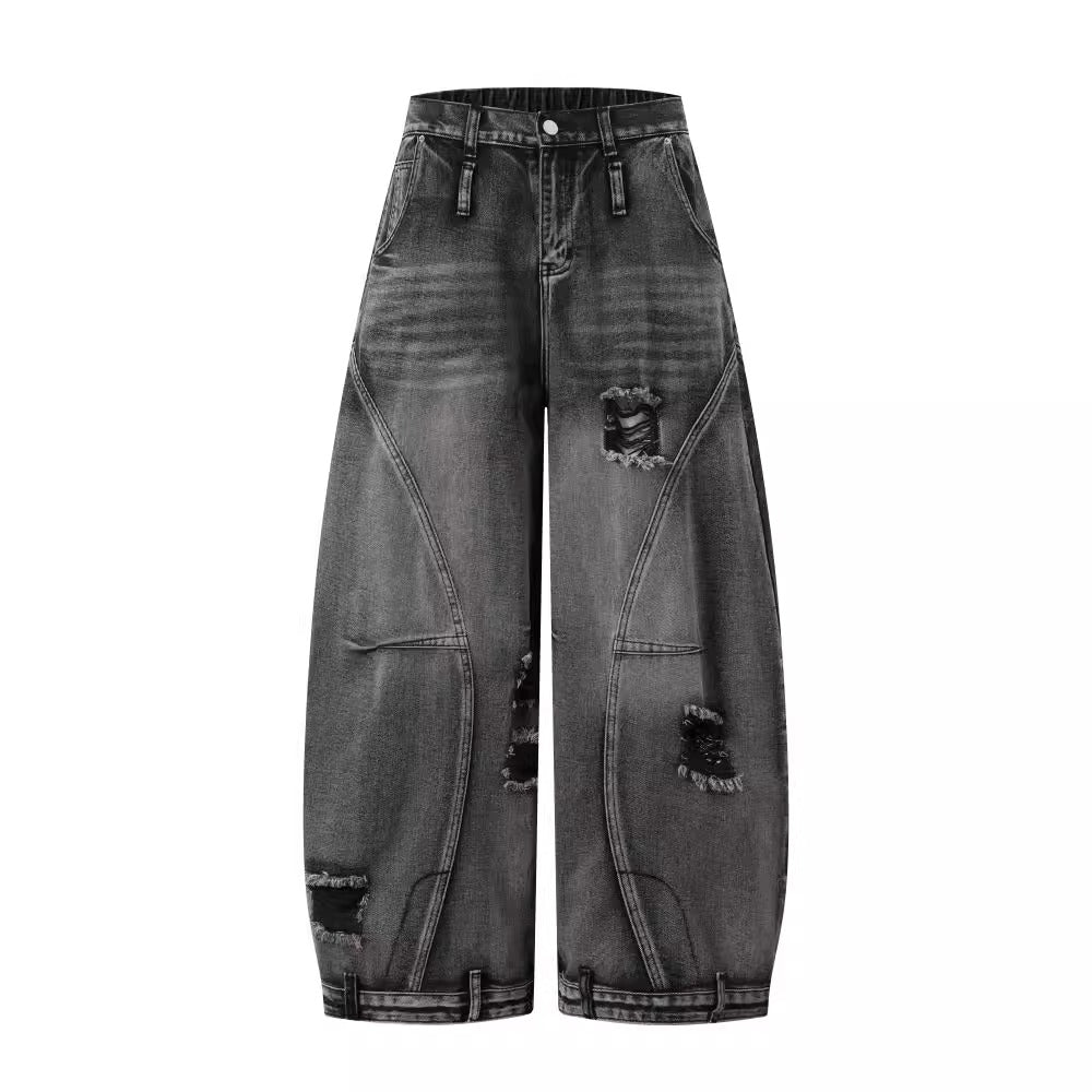 Distressed Washed Deconstructed Blade-Cut Denim Pants [ID:0549PA]