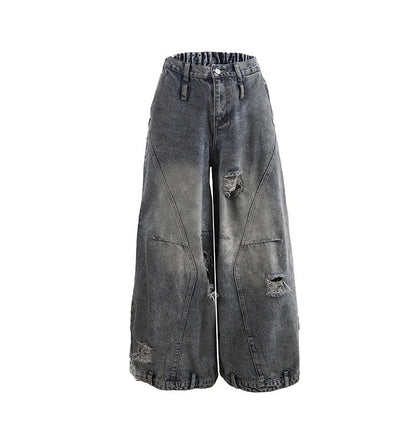 Distressed Washed Deconstructed Blade-Cut Denim Pants [ID:0549PA]