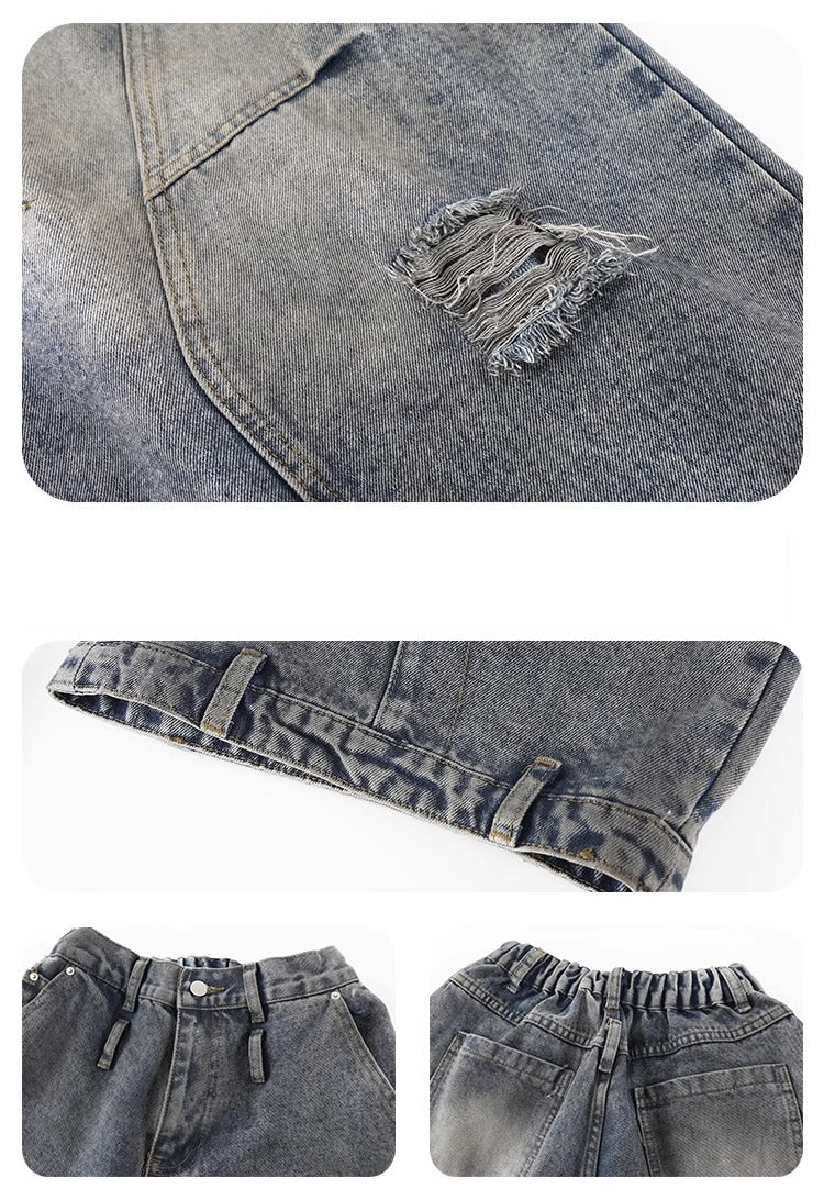 Distressed Washed Deconstructed Blade-Cut Denim Pants [ID:0549PA]
