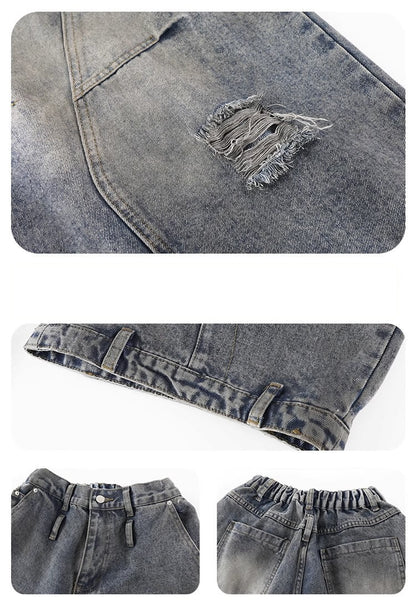 Distressed Washed Deconstructed Blade-Cut Denim Pants [ID:0549PA]