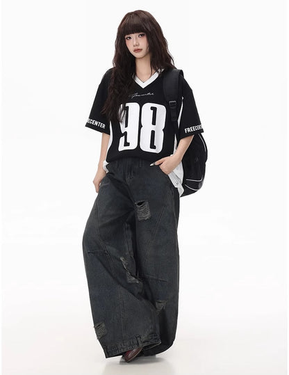Distressed Washed Deconstructed Blade-Cut Denim Pants [ID:0549PA]